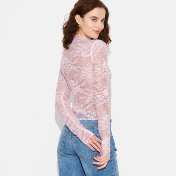 Women's Long Sleeve Pink Lace Sequin Top - Picture 1 of 12